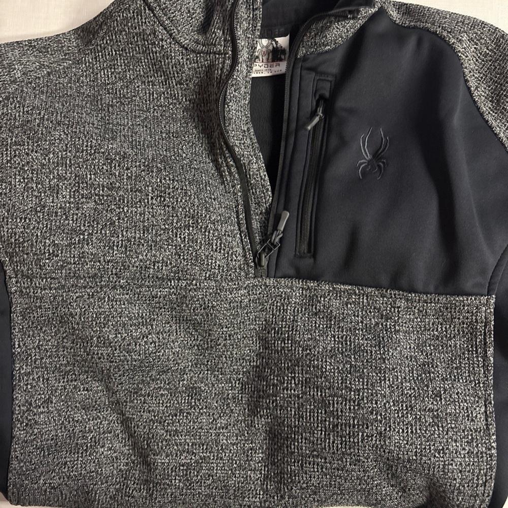 Spyder Sweater Mens XL Gray Black Quarter Zip Fleece Pullover Outdoor Athletic